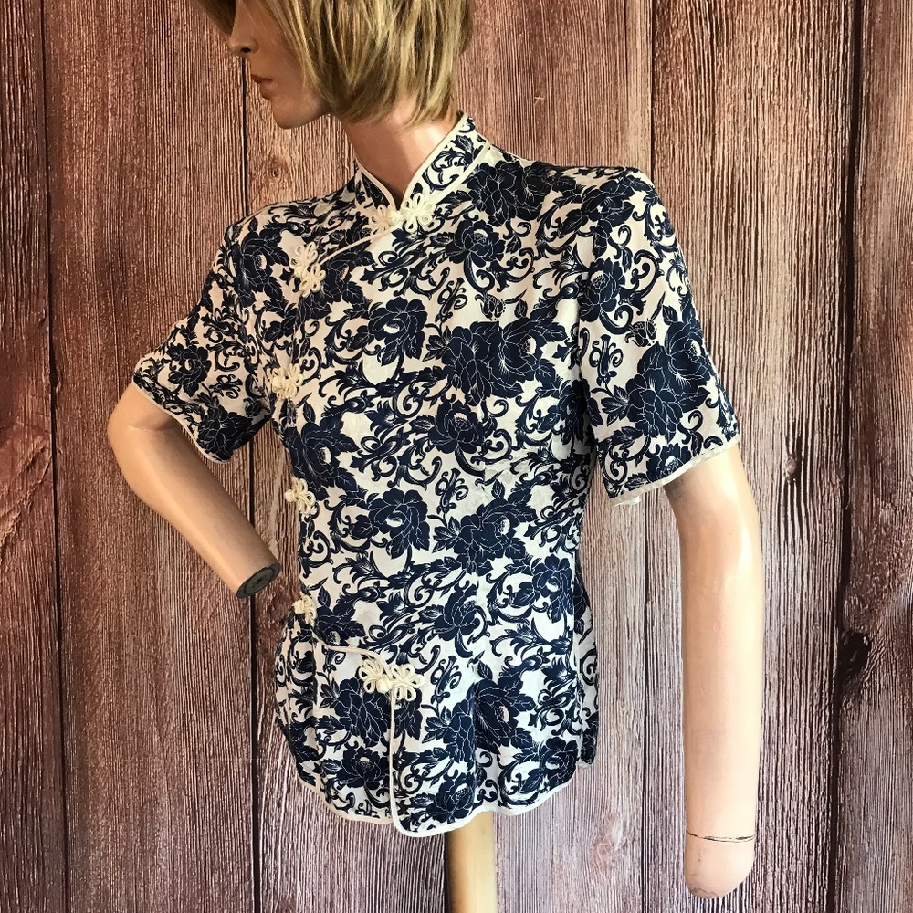 Asian Silk Top Mandarin Collar Blue & Cream Small